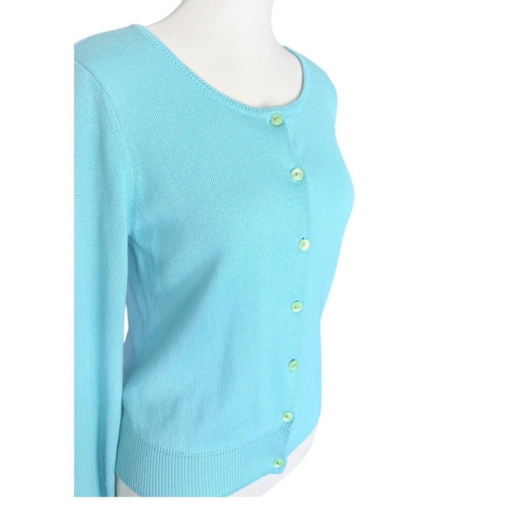 Milly of New‎ York Turquoise Blue Silk Cashmere Cardigan Lime Trim L vintage - Picture 2 of 9